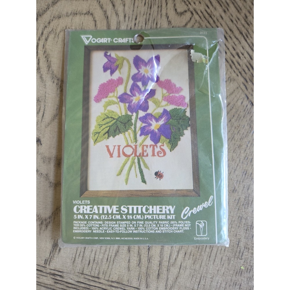 Vogart Crafts Violets Creative Stitchery Crewel Embroidery Kit Flowers 5x7 VTG